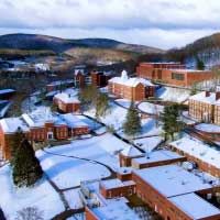 aerial view of campus in the snow